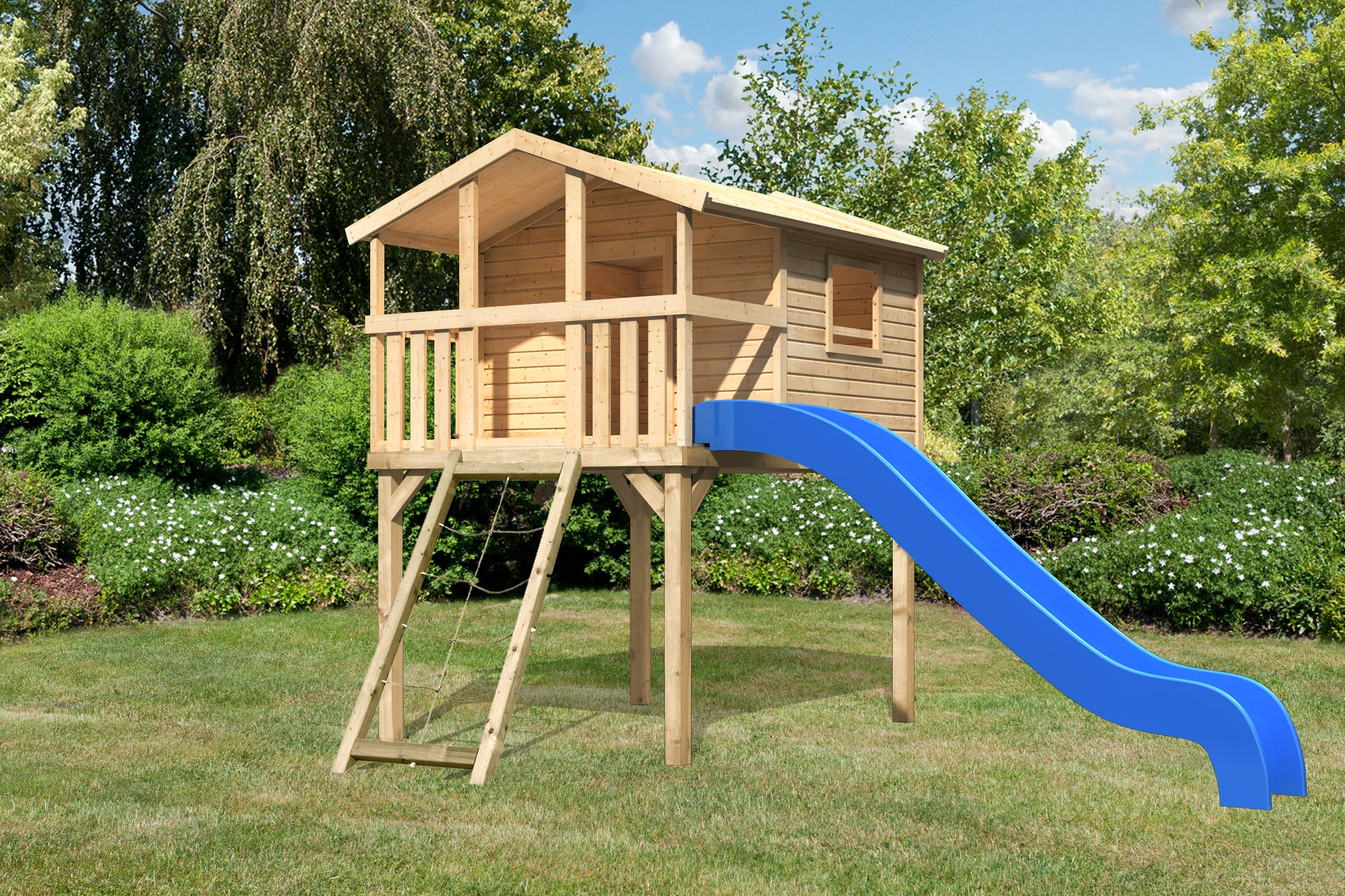 Akubi Kinderspielhaus Kinderspielgerät Benjamin inkl. Wellenrutsche und Netzrampe (Set B) inkl. gratis Akubi Farbsystem