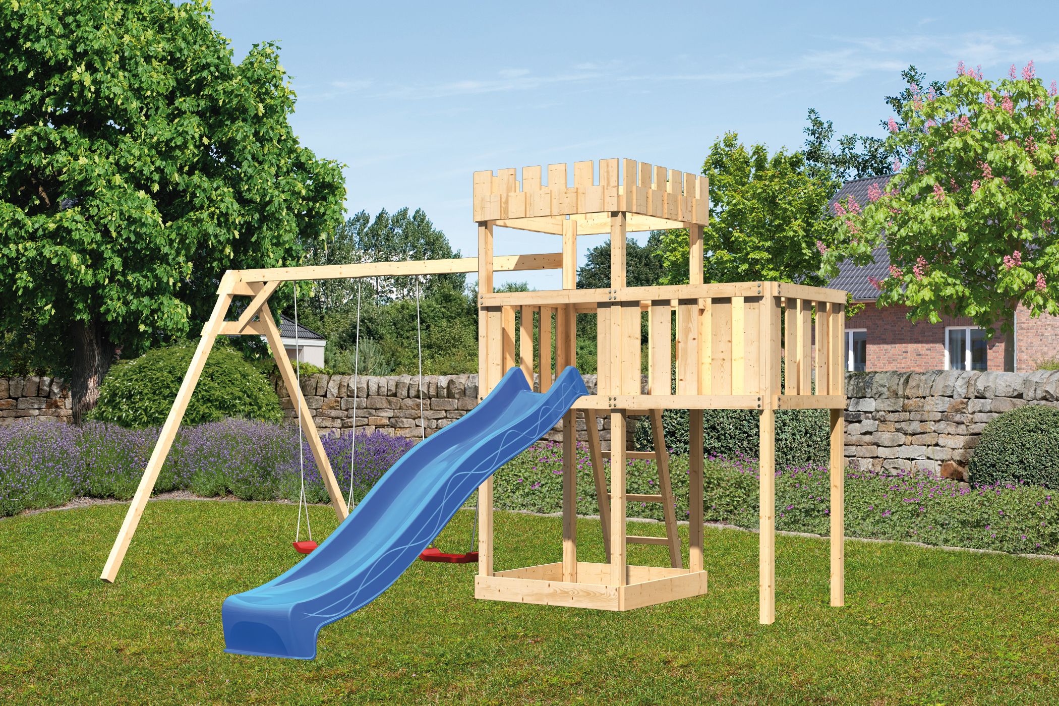Akubi Kinderspielturm Ritterburg Löwenherz inkl. Wellenrutsche, Doppelschaukelanbau und Anbauplattform