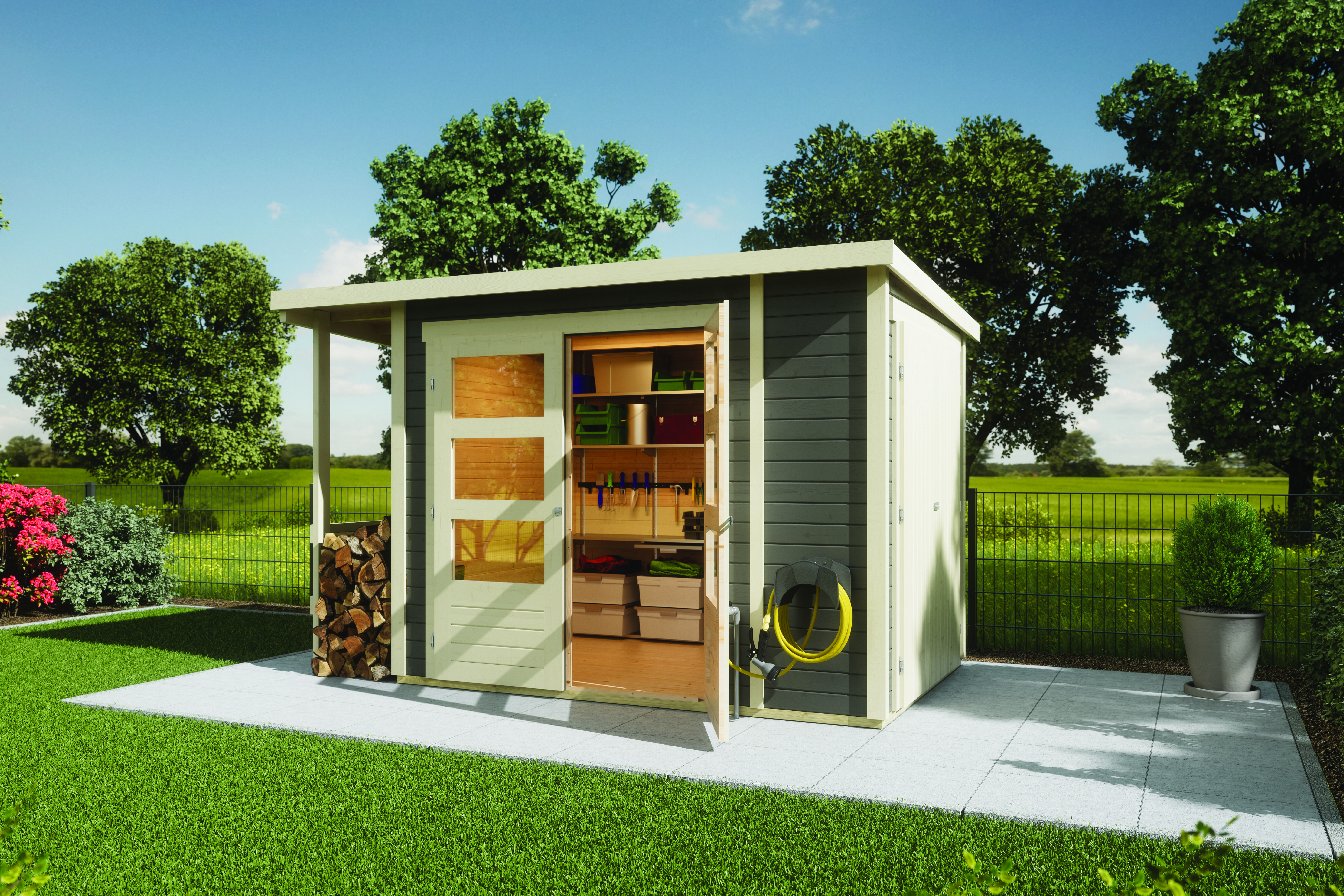 Karibu Multifunktionshaus Pultdach-Gartenhaus inkl. Schleppdach und Anbauschrank - 19 mm