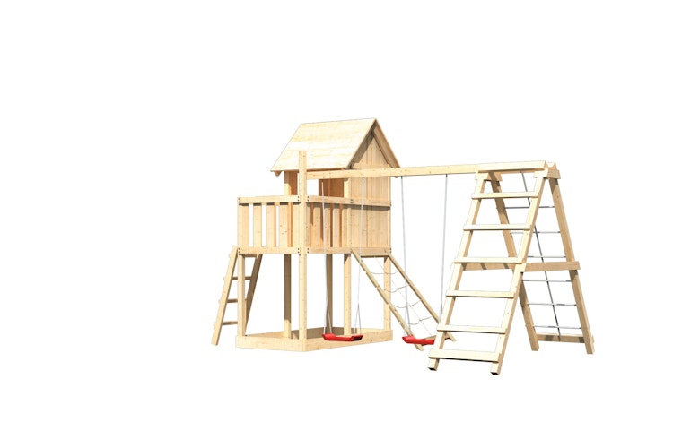 Akubi Stelzenhaus Frieda mit Doppelschaukelanbau, Klettergerüst und Netzrampe