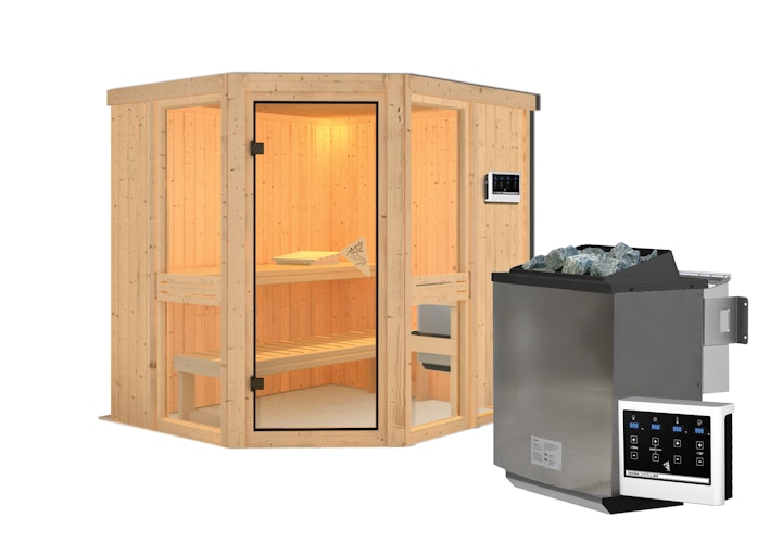 Karibu Amelia 1 - Sauna mit Eckeinstieg 68 mm inkl. gratis Saunaofen im Wert von 599,99 €