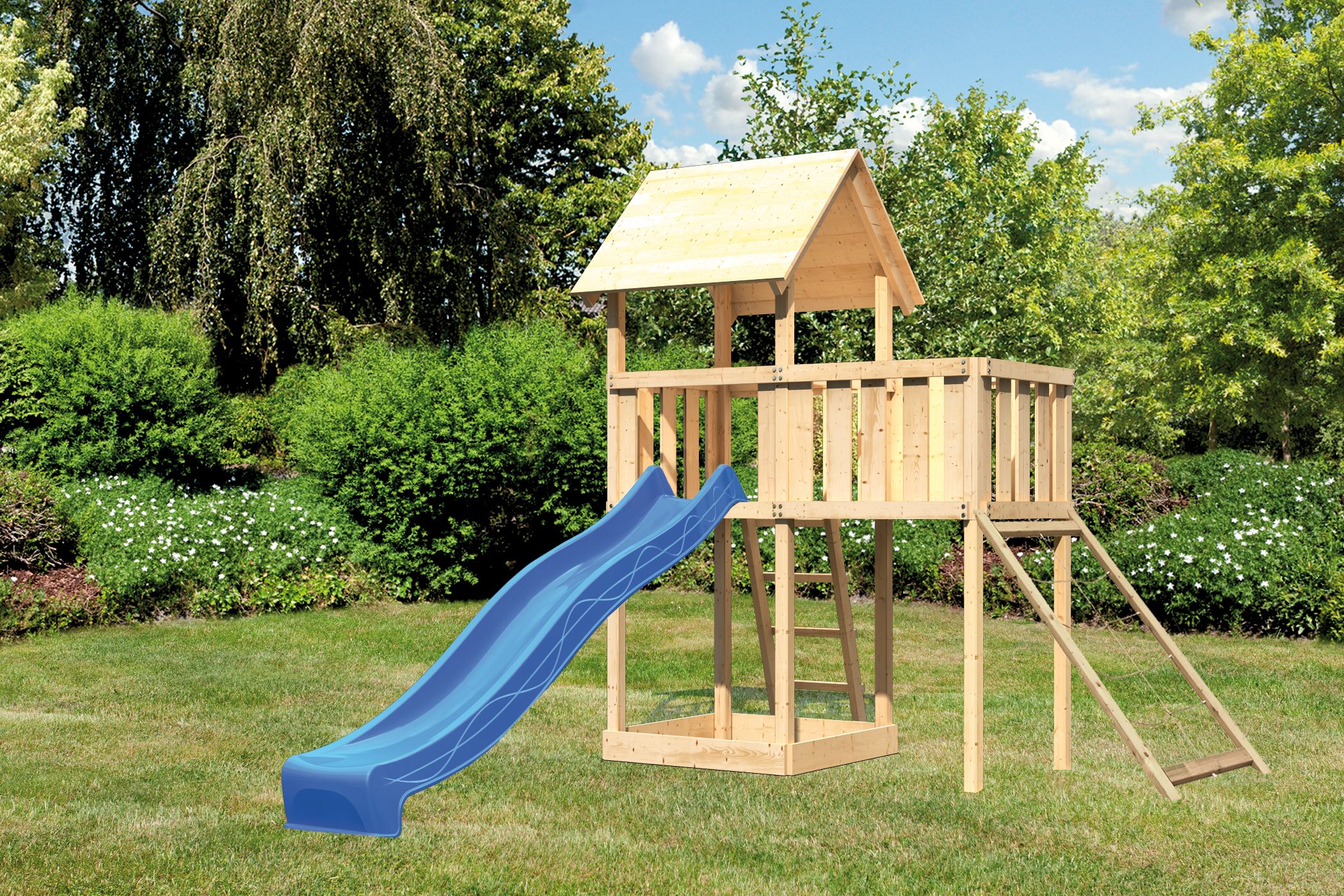 Akubi Kinderspielturm Lotti inkl. Anbauplattform, Rutsche und Netzrampe inkl. gratis Akubi Farbsystem