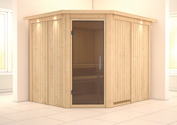 Karibu Sauna Malin mit Eckeinstieg 68 mm inkl. gratis Saunaofen im Wert von 599,99 €