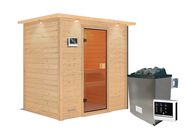 Karibu Woodfeeling Sauna Selena - 38 mm Massivholz Aktionssauna inkl. gratis Saunaofen im Wert von 599,99 €
