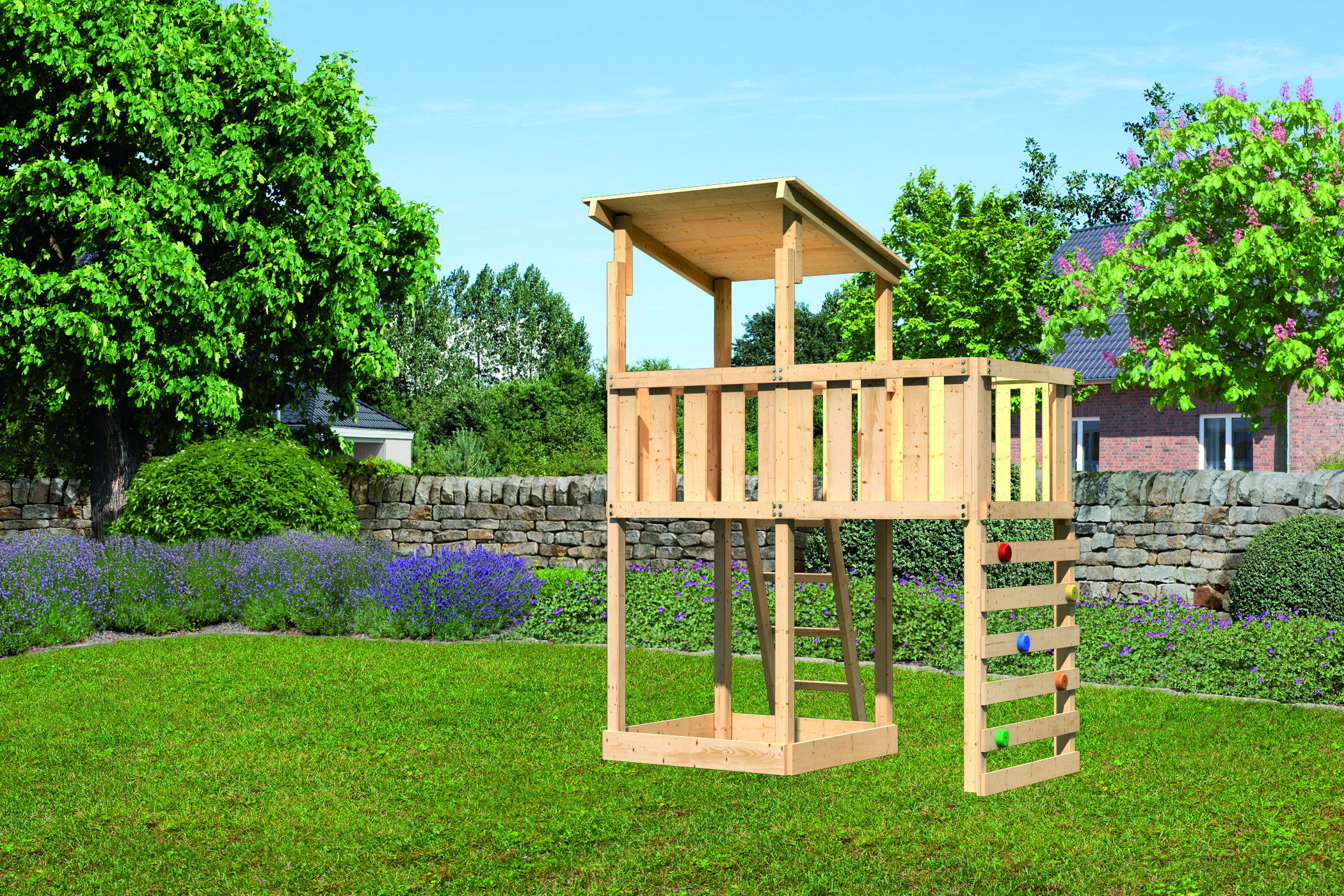 Akubi Kinderspielturm Anna mit Pultdach inkl. Anbauplattform und Kletterwand