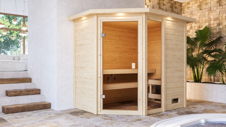 Karibu Woodfeeling Sauna Jada - 38 mm Massivholz Aktionssauna inkl. gratis Saunaofen im Wert von 599,99 €