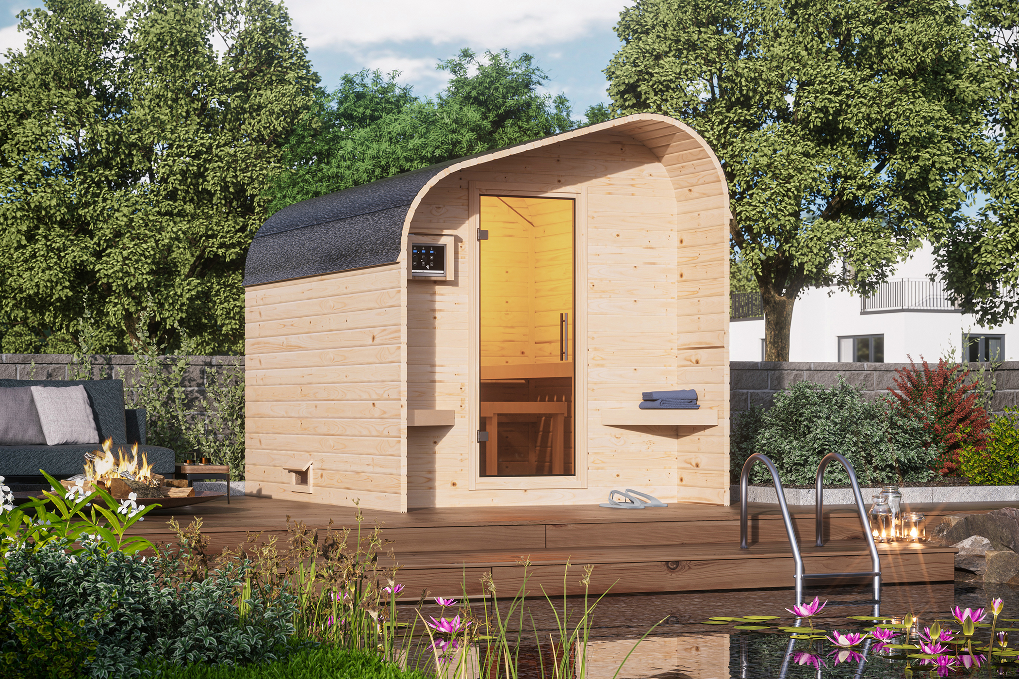 Karibu Gartensauna/Saunafass Fasshaus 2 asymmetrisch inkl. gratis 9 kW Bio-Saunaofen im Wert von 879,99 €