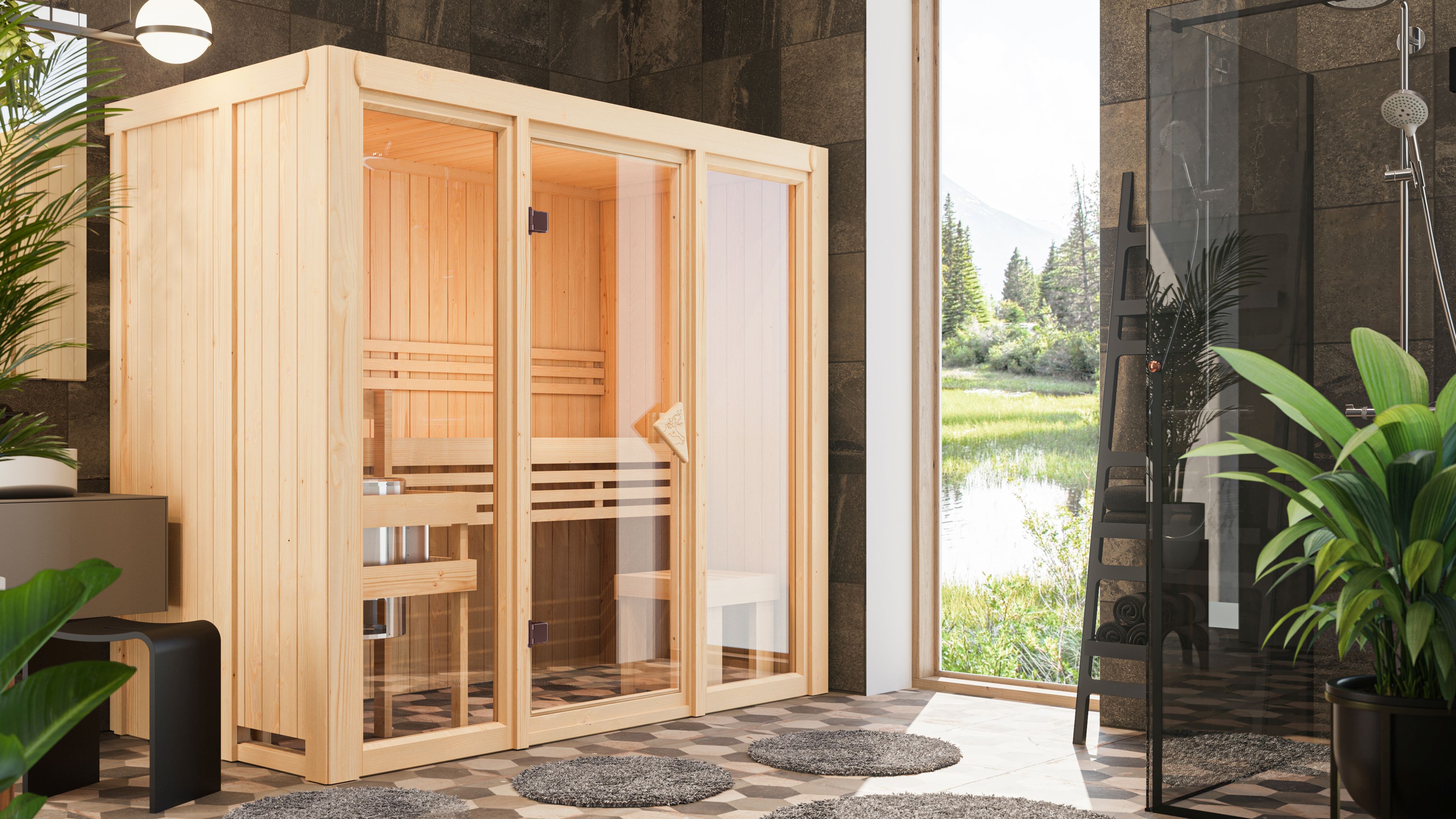 Karibu Sauna Avari 2 Superior mit Fronteinstieg 68 mm - 230 Volt Plug & Play inkl. 5-teiligem Gratis-Zubehörpaket im Wert von 100 €