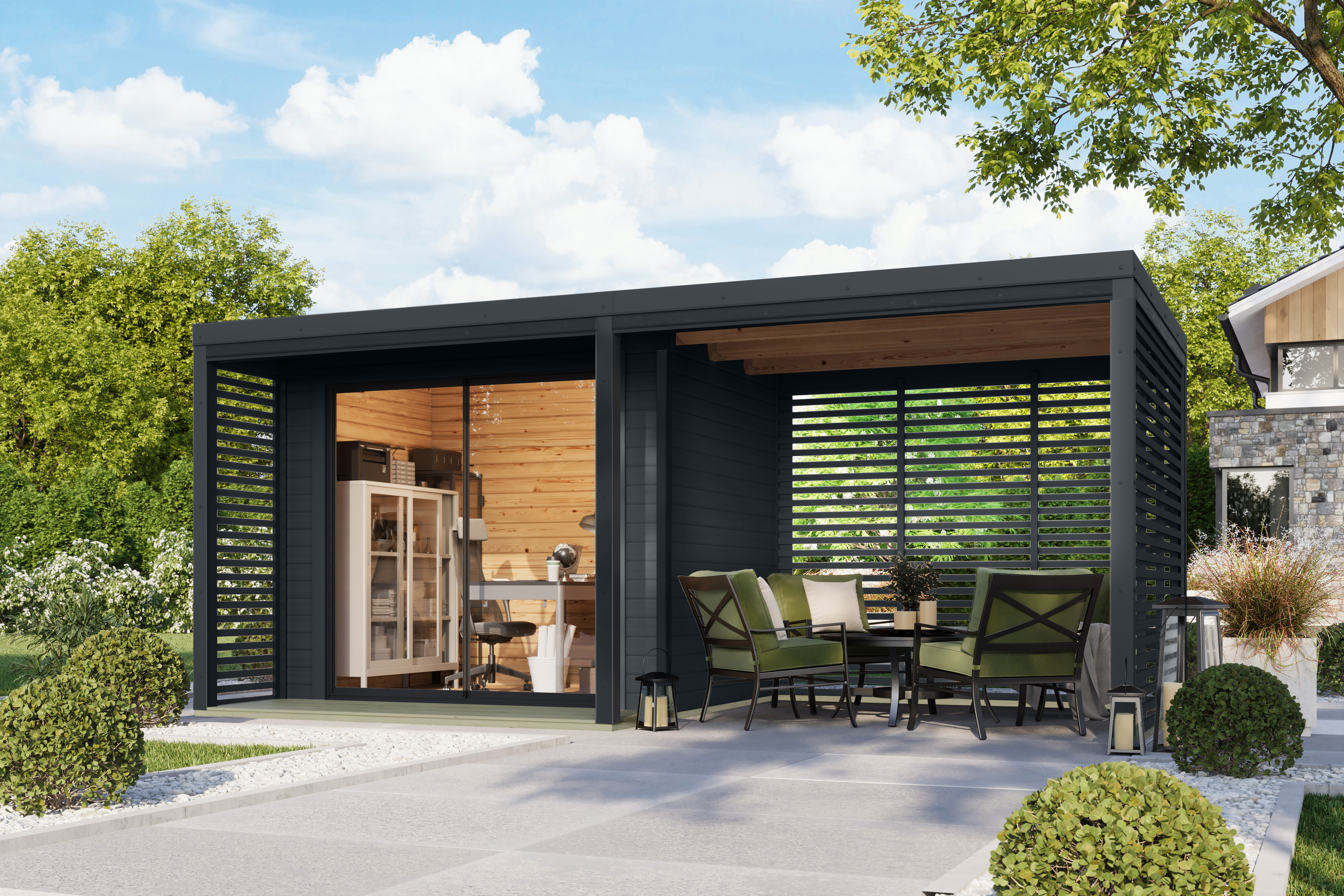 Karibu Design Gartenhaus Saturn A/B mit Aluminium Schiebetüre & Blechpaket - 38 mm