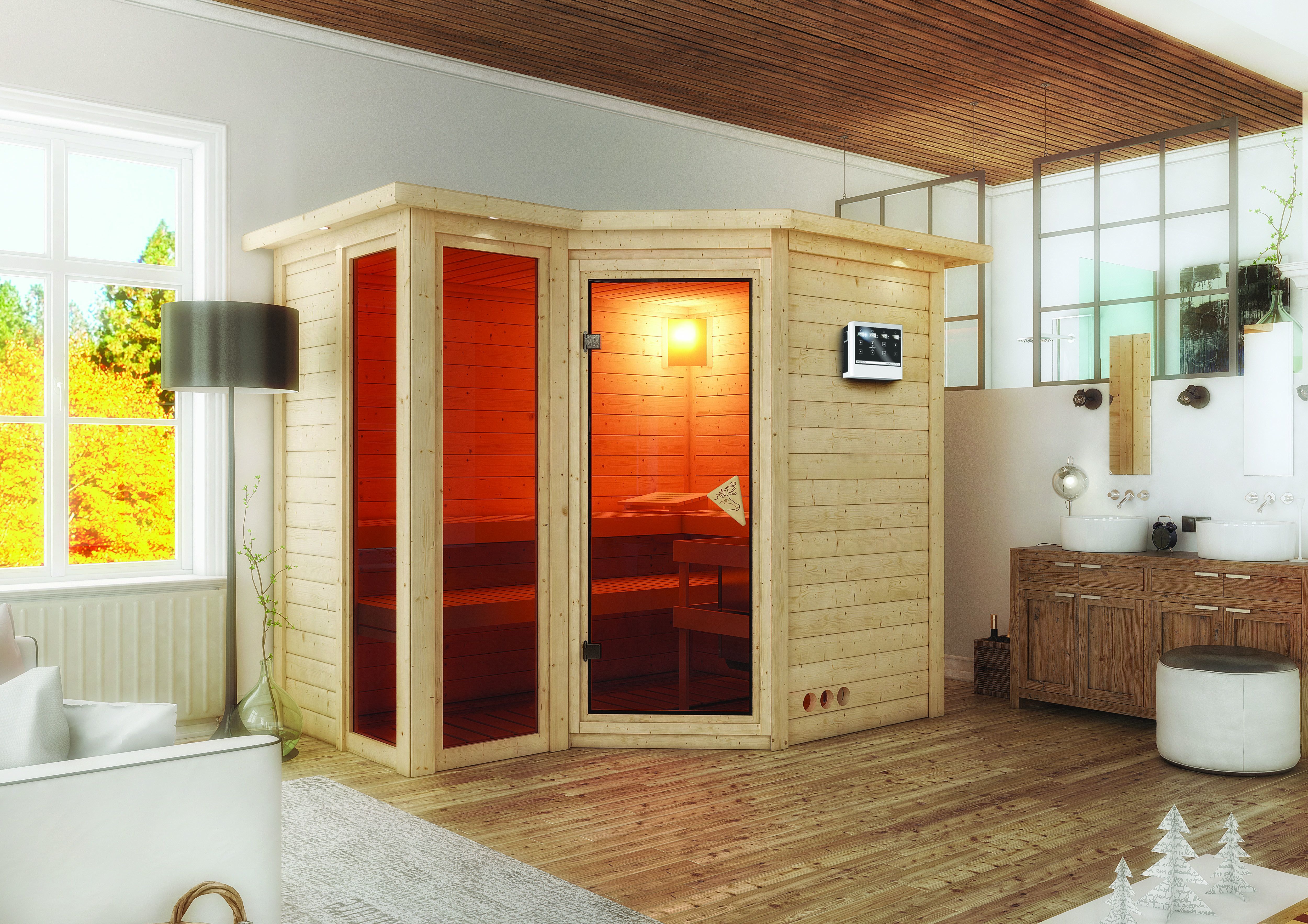 Karibu Sauna Amara-Massivholzsauna 38 mm -Eckeinstieg - Exklusivoptik inkl. gratis Zubehörpaket im Wert von 126,96€