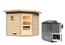 Vorschaubild Karibu Gartensauna Pultdach Saunahaus Mikka mit Eckeinstieg naturbelassen inkl. gratis Sauna-Zubehörset im Wert von 234,94 €