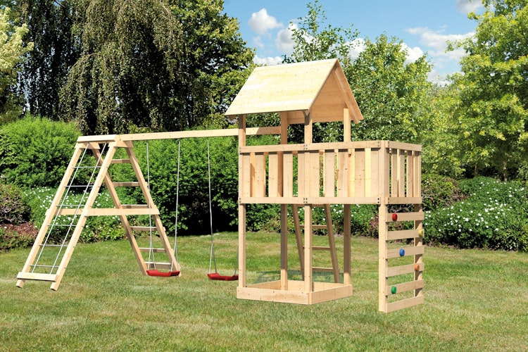 Akubi Kinderspielturm Lotti inkl. Doppelschaukel, Klettergerüst, Anbauplattform und Kletterwand