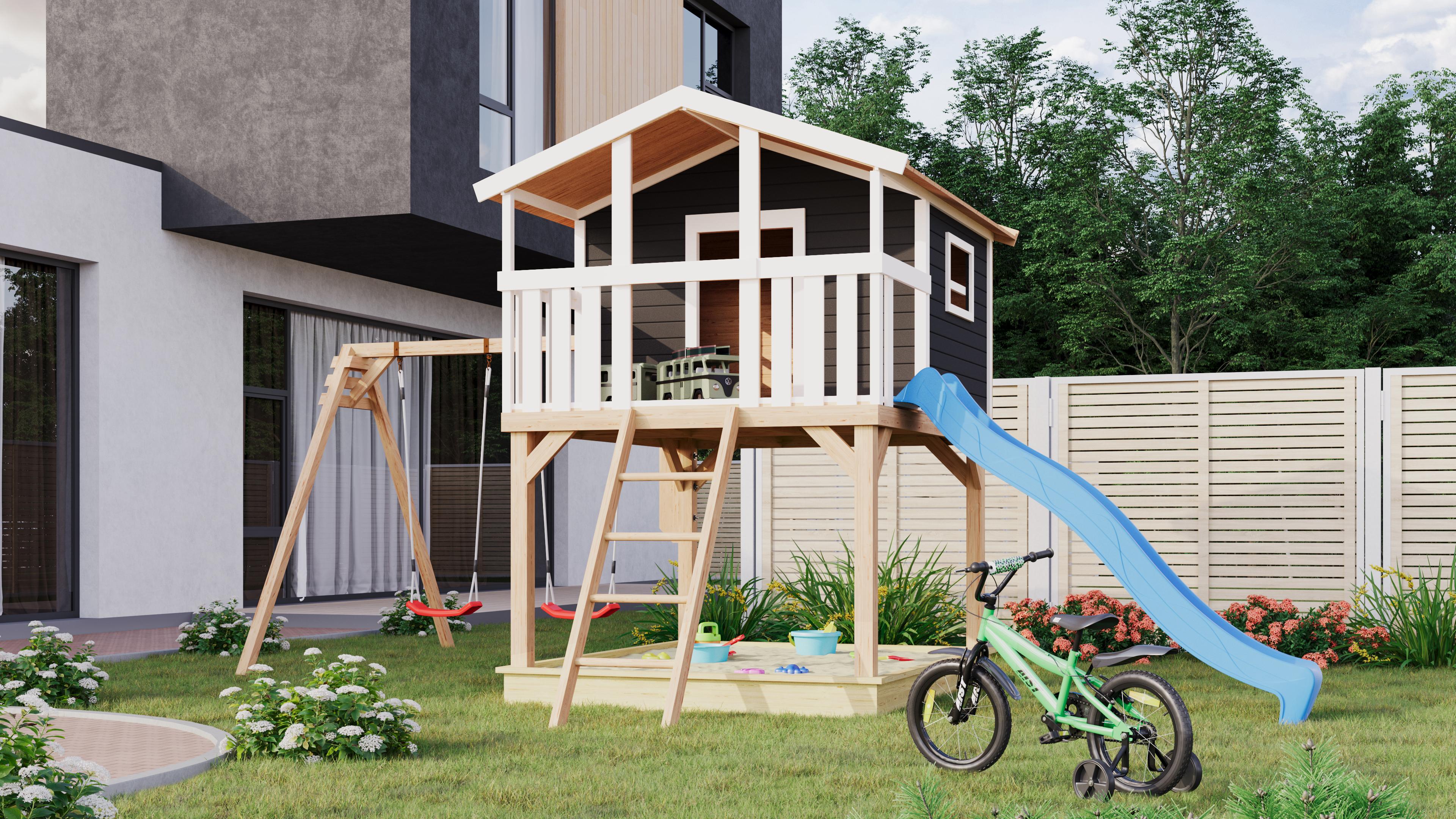 Akubi Kinderspielhaus Kinderspielgerät Benjamin inkl. Wellenrutsche und Doppelschaukelanbau