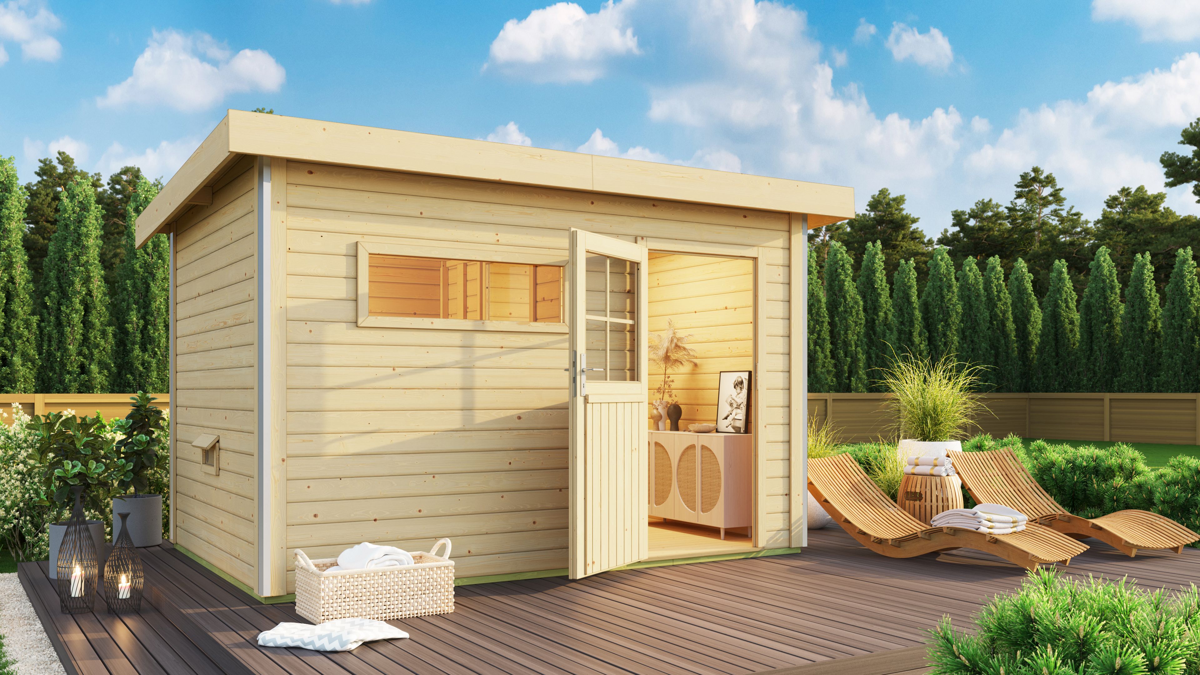 Karibu Saunahaus Skrollan 3 mit Vorraum naturbelassen (Rechteckfenster) inkl. gratis 9 kW Bio-Saunaofen im Wert von 879,99 €