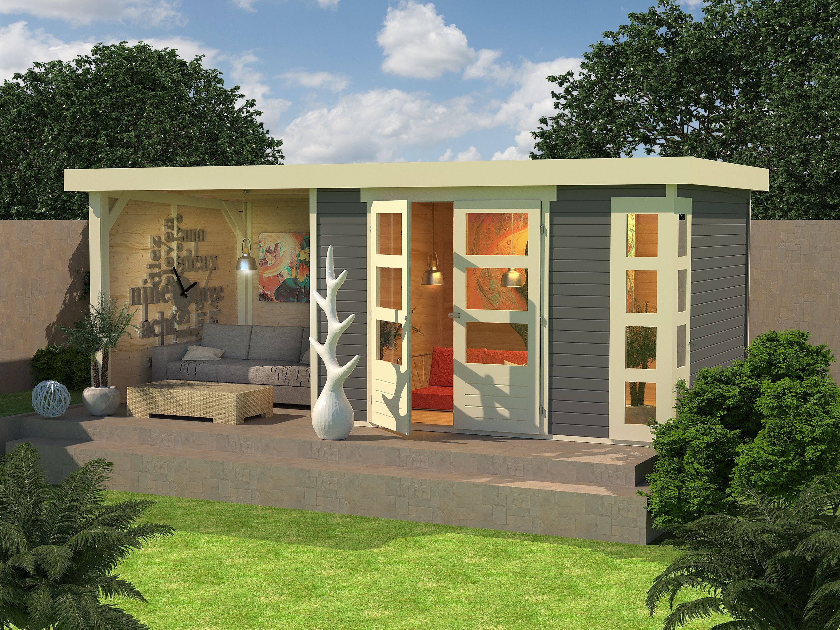 Karibu Woodfeeling Gartenhaus Kerko 3/4/5 mit 240 cm Schleppdach/Seiten- und Rückwand