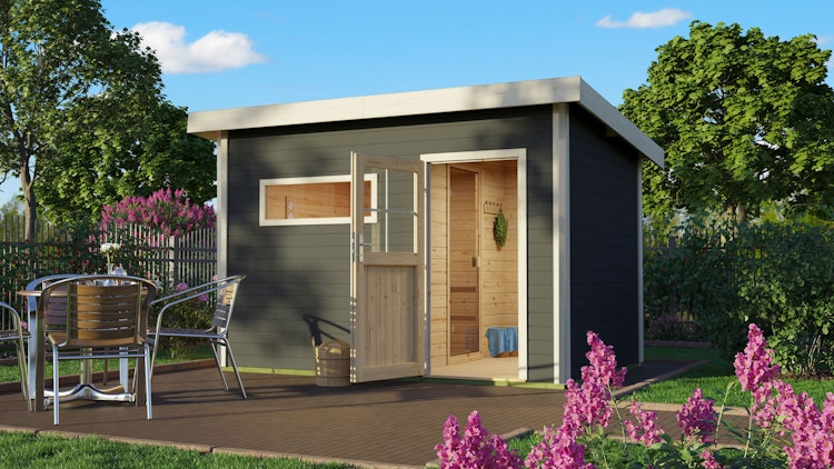 Karibu Saunahaus Skrollan 2 mit Vorraum terragrau inkl. gratis Saunaofen im Wert von 599,99 €