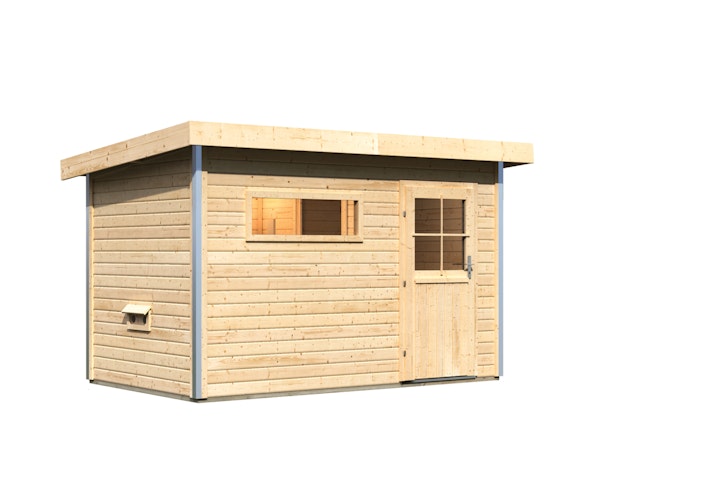 Karibu Gartensauna Pultdach Saunahaus Skrollan 1 mit Vorraum naturbelassen inkl. gratis Saunaofen im Wert von 599,99 €