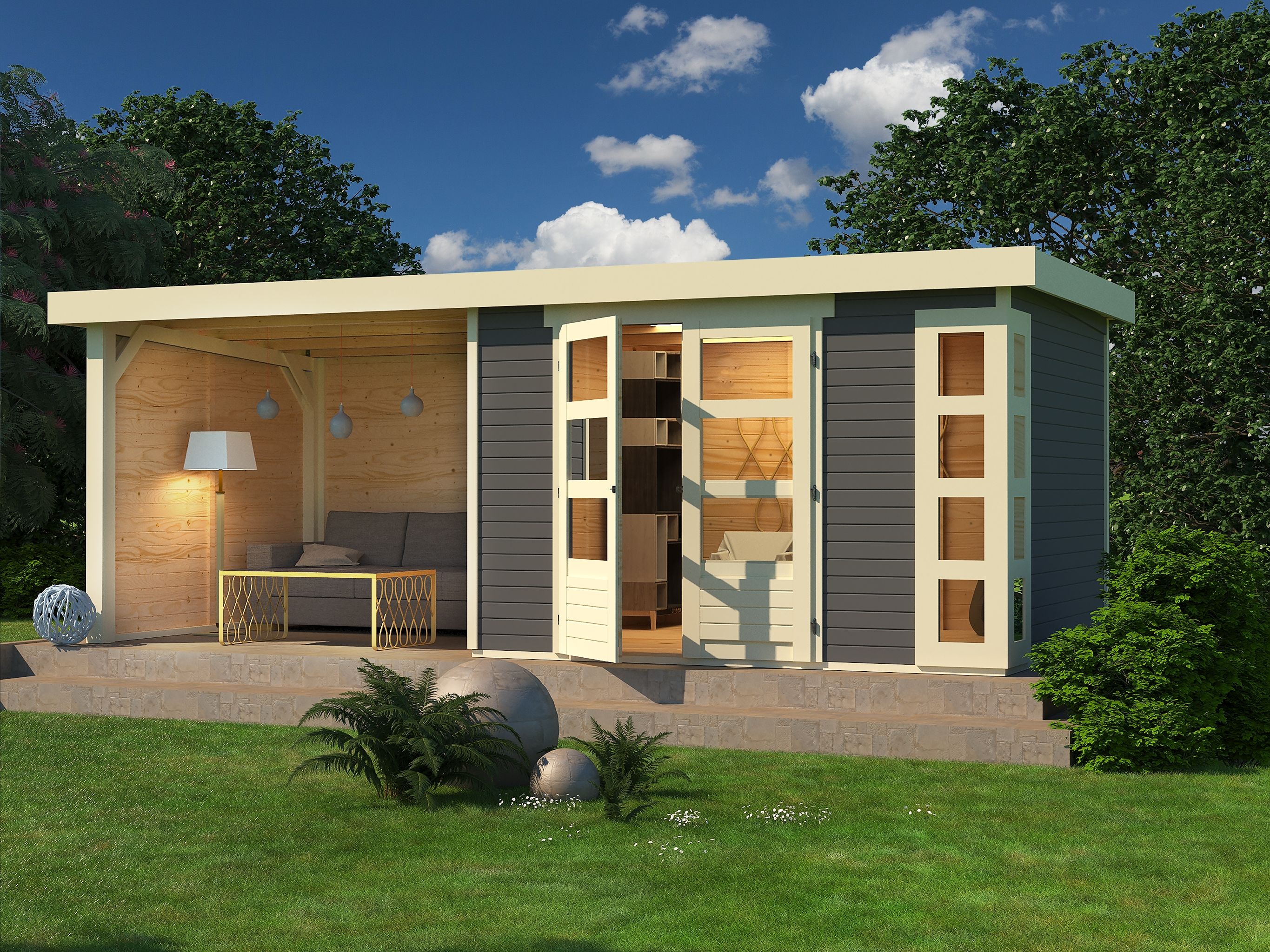 Karibu Woodfeeling Gartenhaus Kerko 3/4/5 mit 280 cm Schleppdach/Seiten- und Rückwand