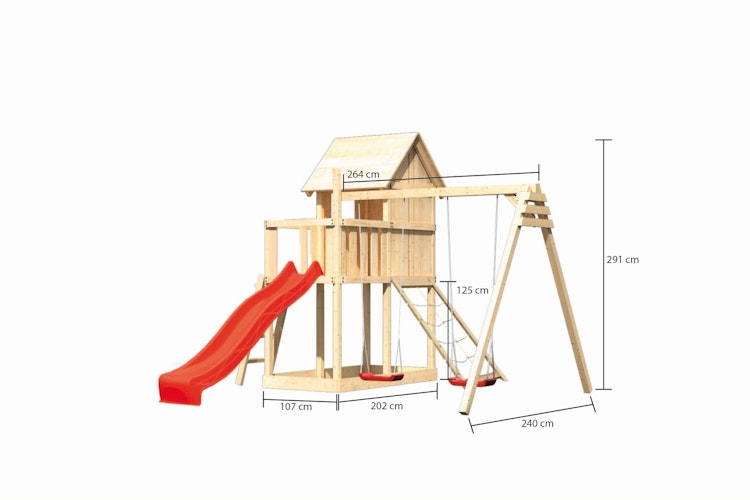 Akubi Stelzenhaus Frieda mit Wellenrutsche, Doppelschaukelanbau und Netzrampe