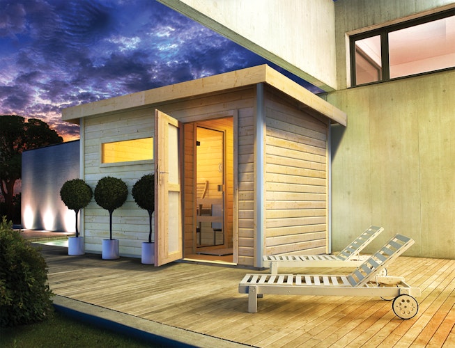 Karibu Gartensauna Pultdach Saunahaus Skrollan 1 mit Vorraum naturbelassen inkl. gratis Saunaofen im Wert von 599,99 €