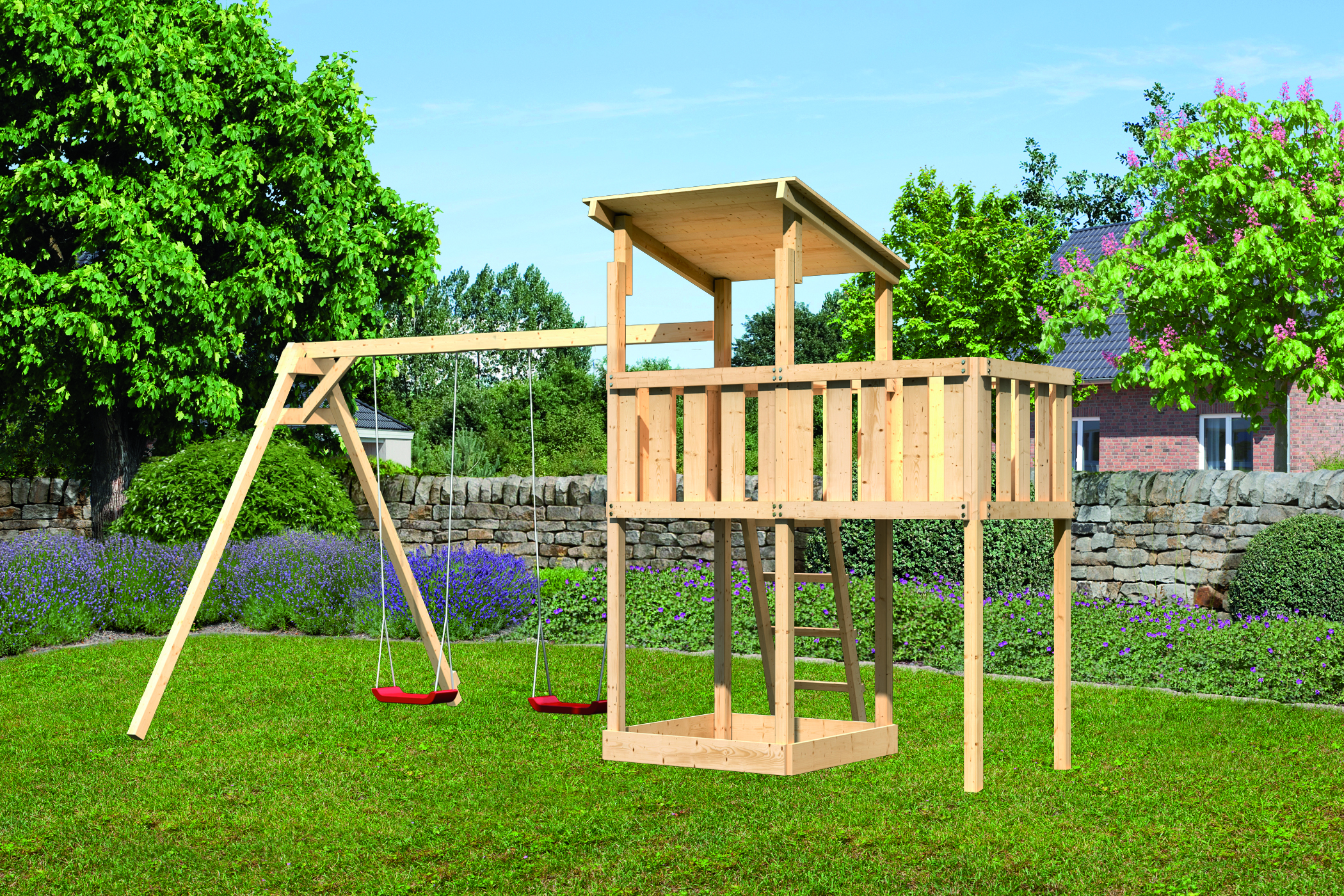 Akubi Kinderspielturm Anna mit Pultdach inkl. Doppelschaukel und Anbauplattform