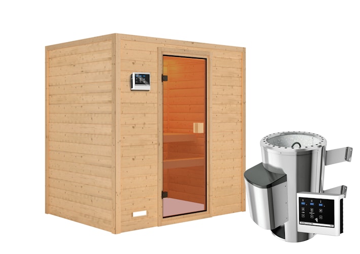 Karibu Woodfeeling Sauna Selena - 38 mm Massivholz Aktionssauna inkl. gratis Saunaofen im Wert von 599,99 €