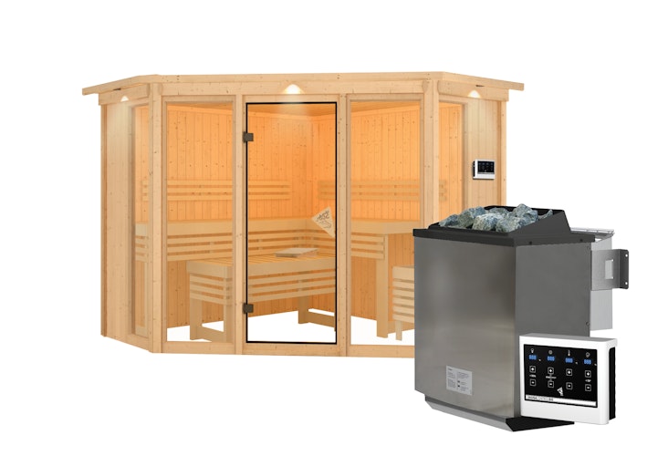 Karibu Sauna Alcinda 2 Superior mit Eckeinstieg 68 mm inkl. gratis Saunaofen im Wert von 599,99 €