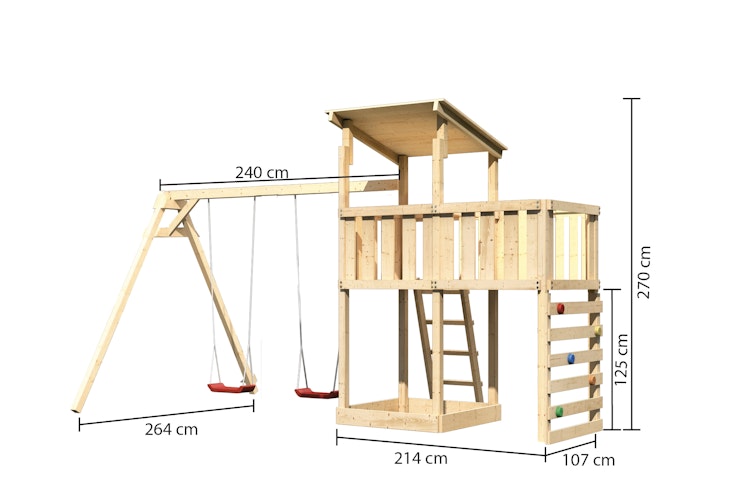 Akubi Kinderspielturm Anna mit Pultdach inkl. Doppelschaukel, Anbauplattform und Kletterwand