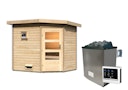 Vorschaubild Karibu Gartensauna Pultdach Saunahaus Mikka mit Eckeinstieg naturbelassen inkl. gratis Sauna-Zubehörset im Wert von 234,94 €