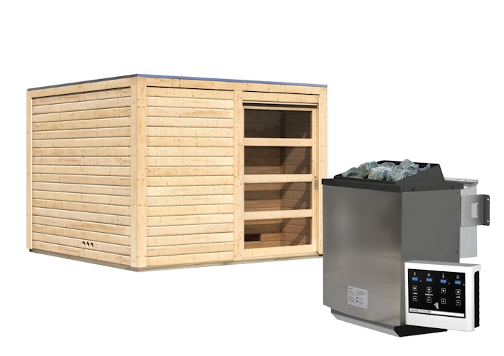 Karibu Gartensauna Saunahaus Cuben inkl. Vorraum, naturbelassen inkl. gratis Saunaofen im Wert von 599,99 €