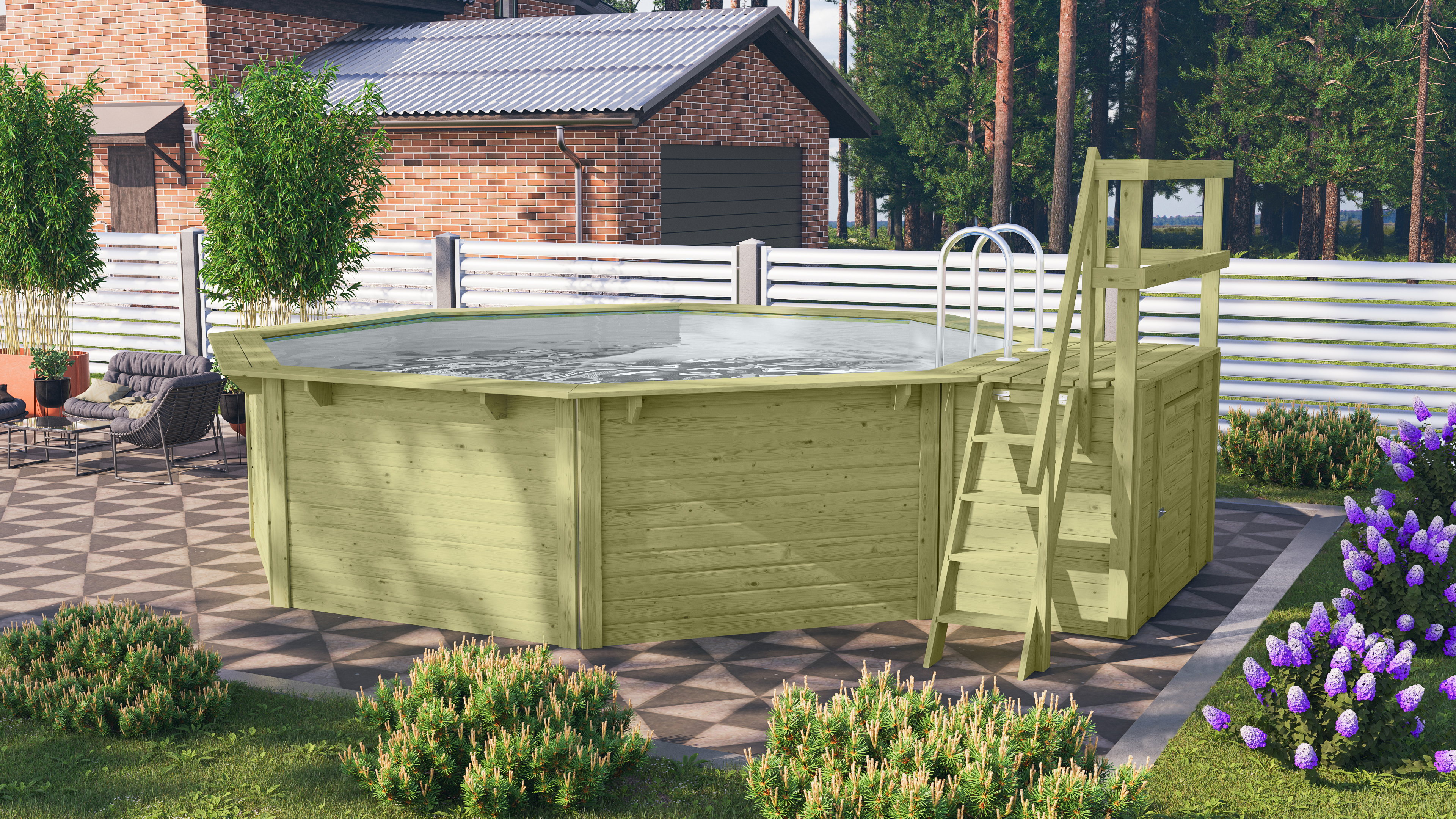 Karibu Pool Modell X2 470 x 470 cm mit Terrasse - kesseldruckimprägniert mit Metallecken