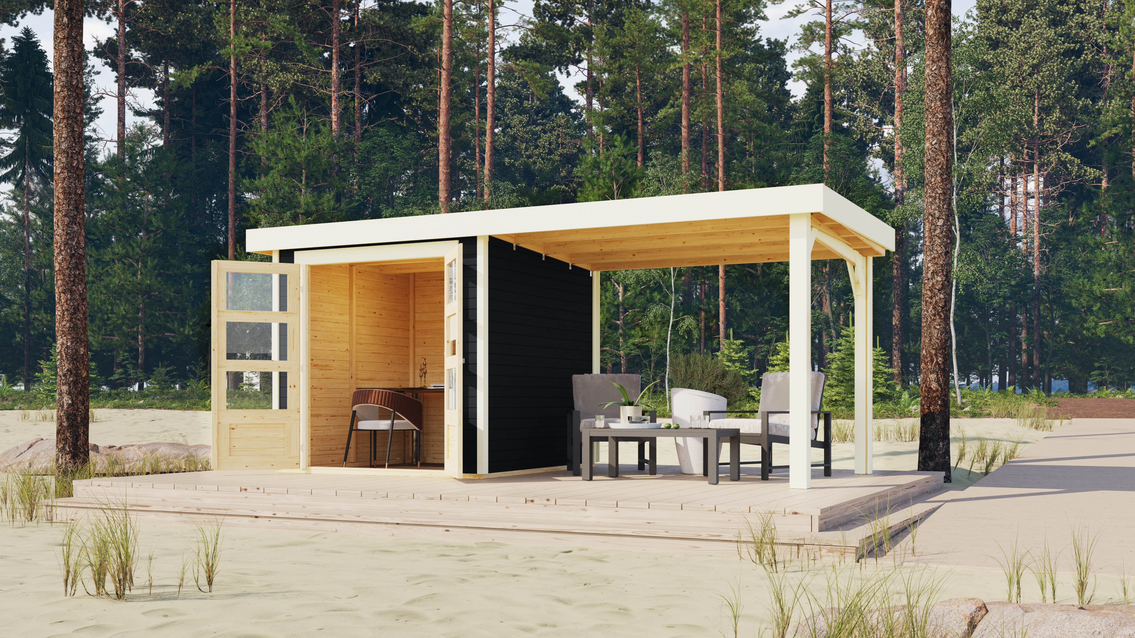 Karibu Woodfeeling Gartenhaus Askola 2/3/3,5/4/5/6 mit 280 cm Schleppdach inkl. gratis LED-Strahler/Solarpaneel