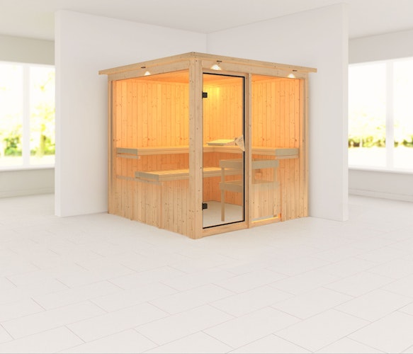 Karibu Sauna Rodin mit Fronteinstieg 68 mm inkl. gratis Saunaofen im Wert von 599,99 €