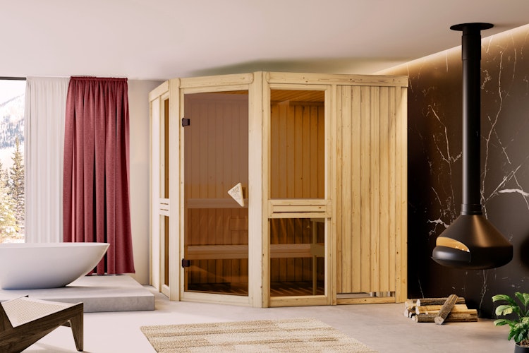 Karibu Amelia 2 - Sauna mit Eckeinstieg 68 mm inkl. gratis Saunaofen im Wert von 599,99 €