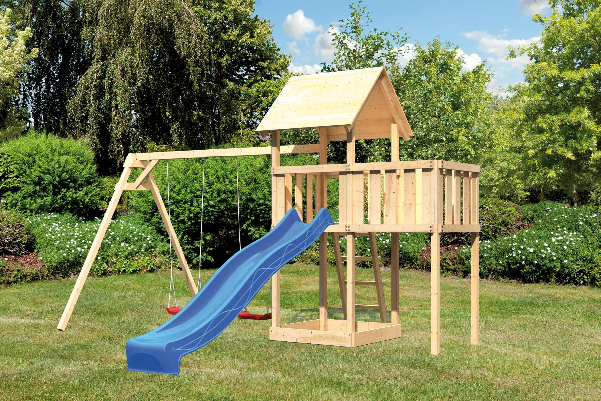 Akubi Kinderspielturm Lotti mit Satteldach inkl. Wellenrutsche, Doppelschaukelanbau und Anbauplattform inkl. gratis Akubi Farbsystem