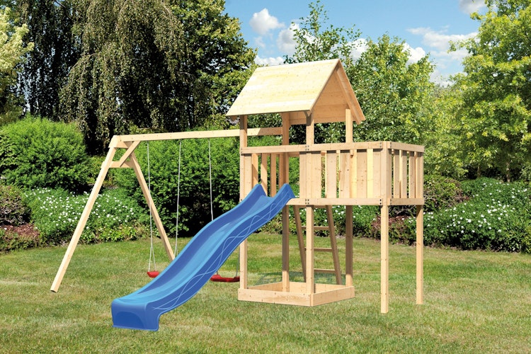 Akubi Kinderspielturm Lotti mit Satteldach inkl. Wellenrutsche, Doppelschaukelanbau und Anbauplattform
