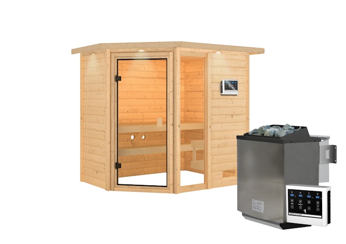 Karibu Woodfeeling Sauna Jada - 38 mm Massivholz Aktionssauna inkl. gratis Saunaofen im Wert von 599,99 €