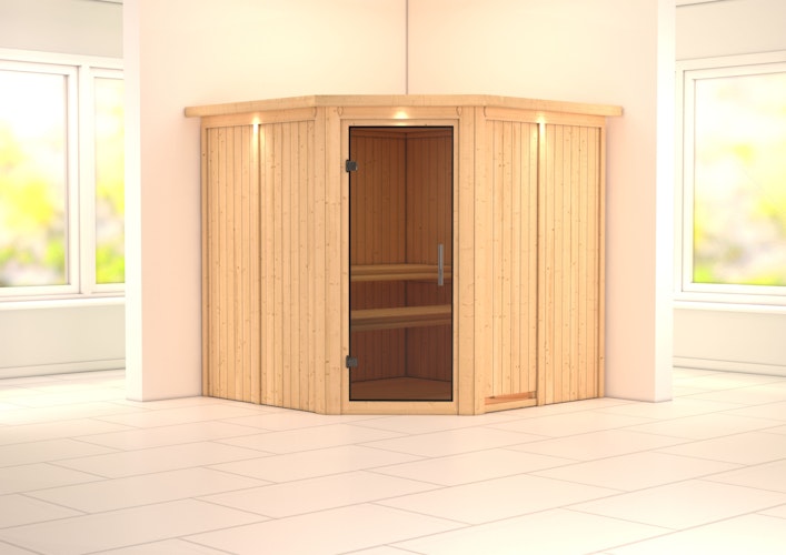 Karibu Sauna Jarin mit Eckeinstieg 68 mm inkl. 9-teiligem Gratis-Zubehörpaket im Wert von 137,95 €