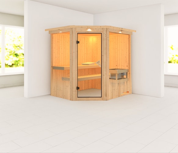 Karibu Sauna Siirin mit Eckeinstieg 68 mm inkl. gratis Saunaofen im Wert von 599,99 €