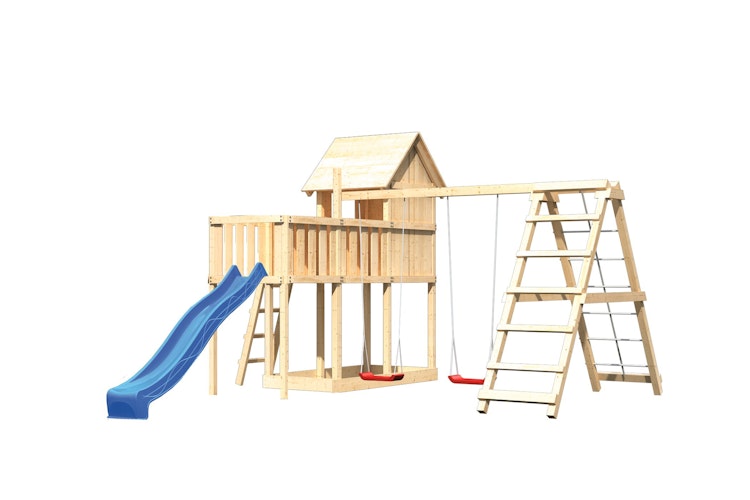 Akubi Stelzenhaus Frieda mit Wellenrutsche, Doppelschaukelanbau, Klettergerüst und Anbauplattform