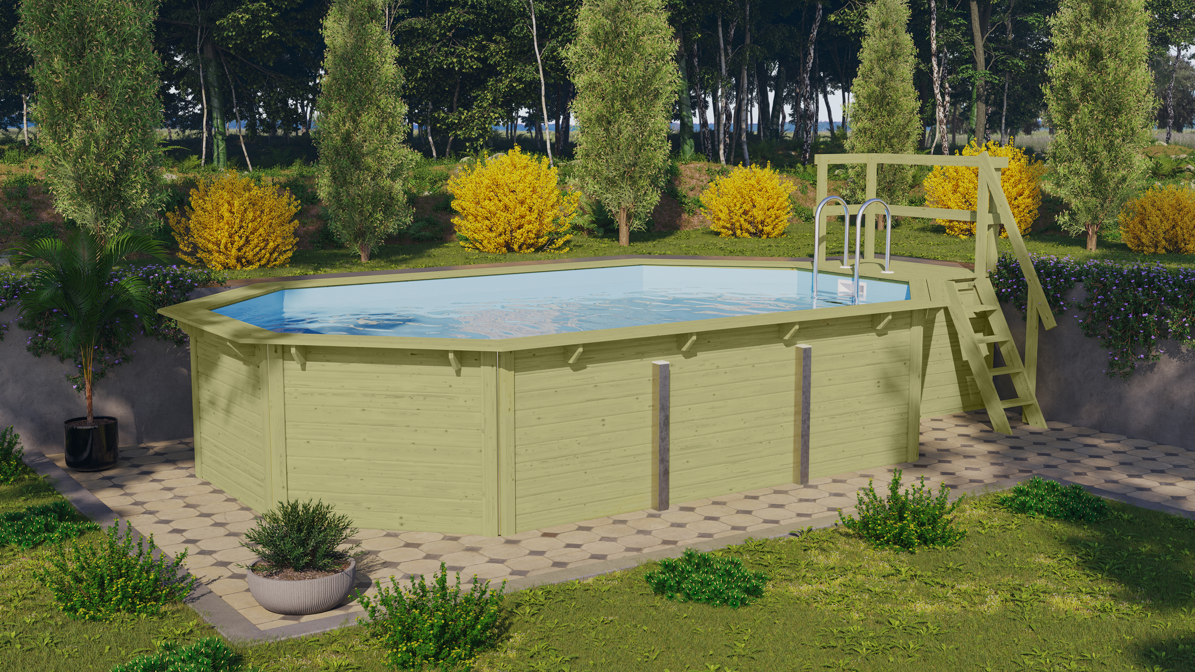 Karibu Pool Modell X4 610 x 400 cm mit Terrasse - kesseldruckimprägniert mit Metallecken