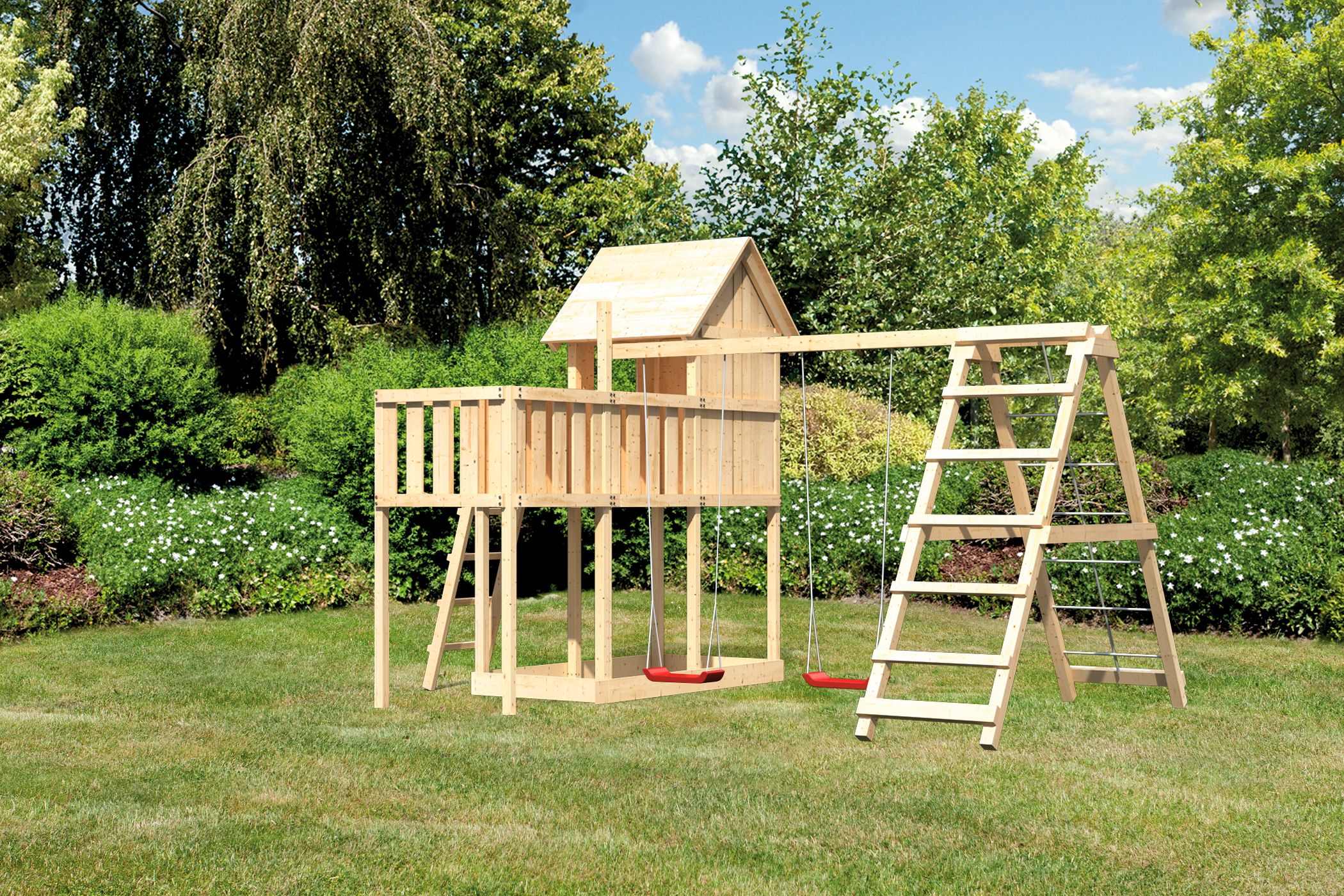 Akubi Stelzenhaus Frieda mit Doppelschaukelanbau, Klettergerüst und Anbauplattform inkl. gratis Akubi Farbsystem