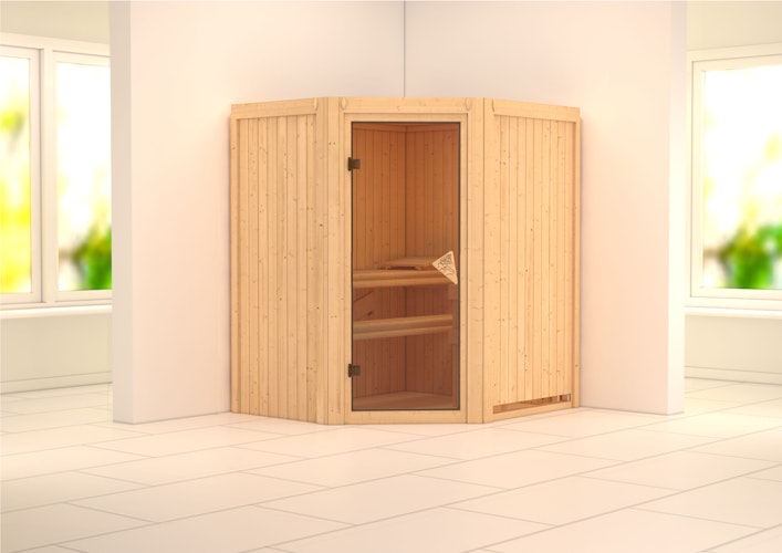 Karibu Sauna Taurin mit Eckeinstieg 68 mm inkl. gratis Saunaofen im Wert von 599,99 €