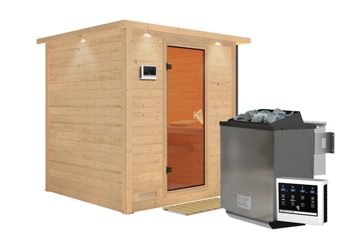 Karibu Sauna Mojave - Massivholzsauna mit Fronteinstieg 38 mm inkl. gratis Saunaofen im Wert von 599,99 €