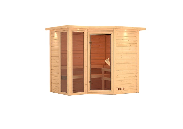 Karibu Sauna Amara-Massivholzsauna 38 mm -Eckeinstieg - Exklusivoptik