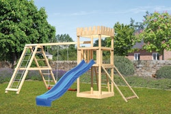 Akubi Kinderspielturm Ritterburg Löwenherz inkl. Wellenrutsche, Doppelschaukelanbau, Klettergerüst und Netzrampe