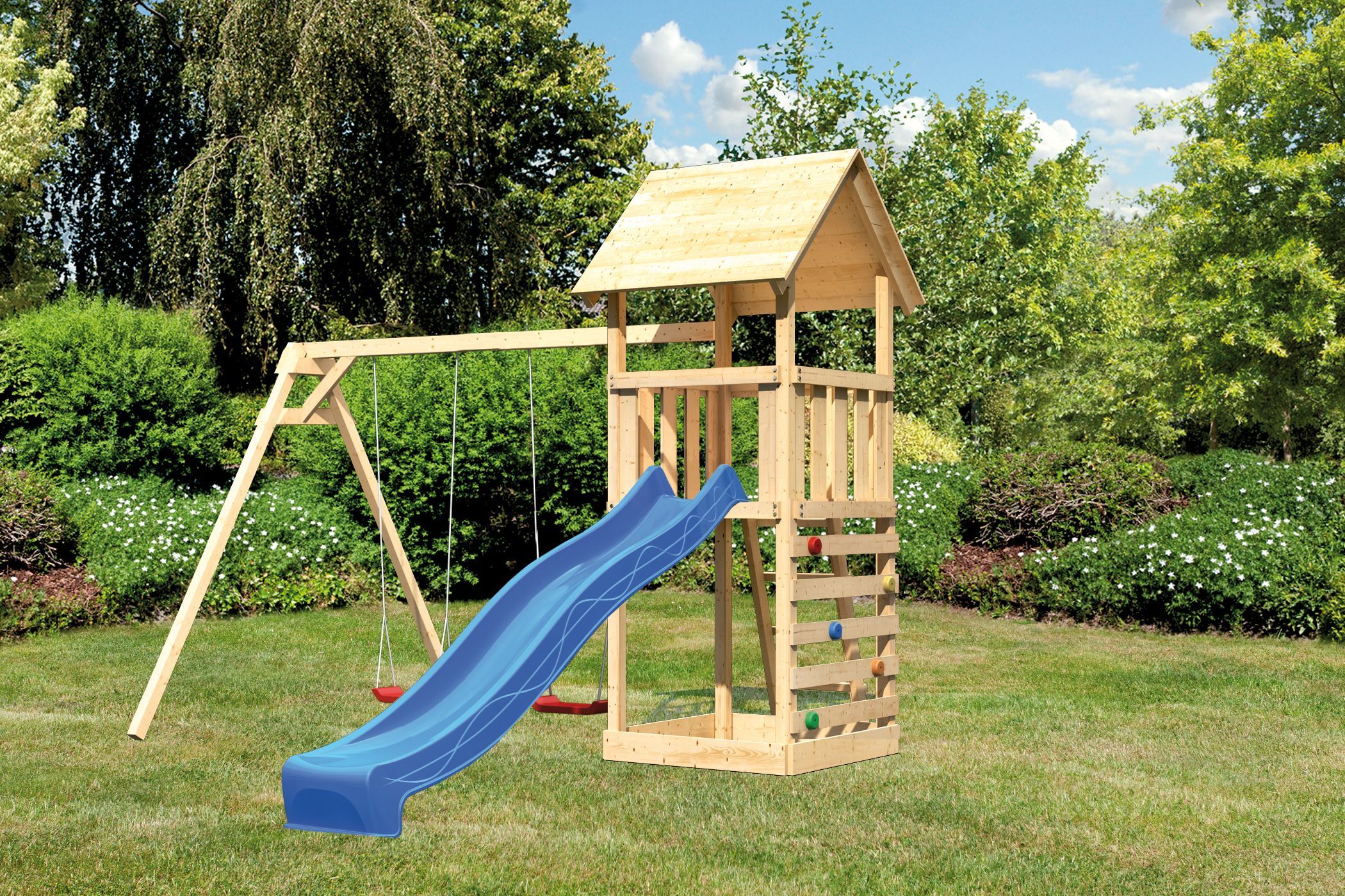 Akubi Kinderspielturm Lotti mit Satteldach inkl. Wellenrutsche, Doppelschaukelanbau und Kletterwand