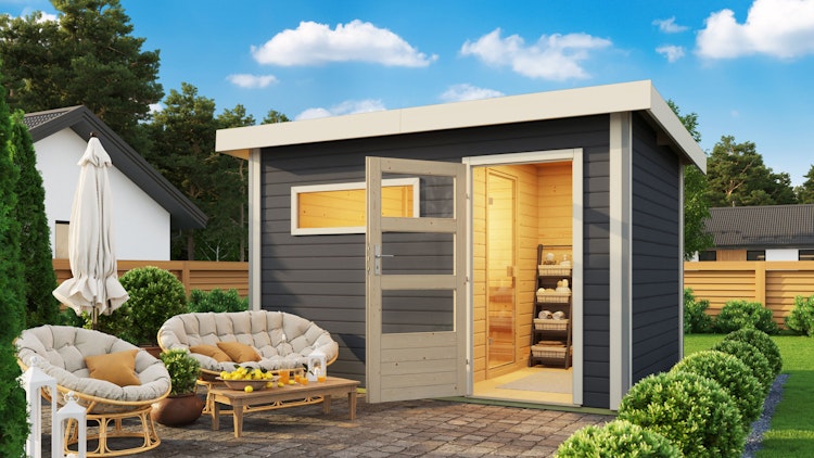 Karibu Saunahaus Skrollan 2 mit Vorraum terragrau inkl. gratis Saunaofen im Wert von 599,99 €