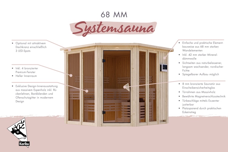 Karibu Sauna Airi Superior mit Eckeinstieg 68 mm inkl. gratis Saunaofen im Wert von 599,99 €