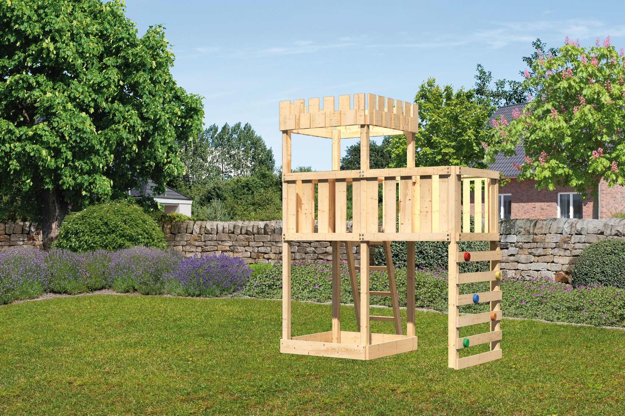 Akubi Kinderspielturm Ritterburg Löwenherz inkl. Anbauplattform und Kletterwand